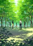  2girls 3boys bag black_hair blurry brown_hair dappled_sunlight depth_of_field dress glasses handbag high_heels hiko_(scape) leaf long_hair looking_back multiple_boys multiple_girls original outdoors park path road short_hair skirt smile summer sunlight tree wind 