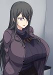  1girl absurdres bangs black_hair breasts eyebrows_visible_through_hair eyes_visible_through_hair hair_over_breasts highres huge_breasts jacket long_hair open_clothes open_jacket open_mouth original solo standing sweatdrop sweater turtleneck turtleneck_sweater violet_eyes zasshu_nigou 