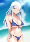  1girl absurdres arms_behind_back bangs bikini bikini_top blue_bikini blue_sky blunt_bangs blush breasts cleavage closed_mouth clouds collarbone cowboy_shot day eyebrows_visible_through_hair facial_mark front-tie_bikini front-tie_top furrowed_eyebrows girls_frontline green_eyes groin hair_ornament head_tilt highres hk416_(girls_frontline) horizon jewelry large_breasts legs_together long_hair looking_at_viewer micro_bikini midriff navel nose_blush ocean outdoors side-tie_bikini sidelocks silver_hair sky solo standing stomach string_bikini swimsuit teardrop under_boob water wet xperiajoker 
