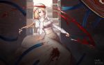  1girl blonde_hair blood bloody_clothes bloody_weapon brown_eyes covering_mouth dated day dress floating_hair hand_over_own_mouth hat hataraku_saibou highres long_dress long_hair long_sleeves looking_at_viewer macrophage_(hataraku_saibou) melt} outdoors smile solo standing weapon white_dress white_hat 