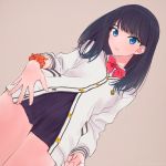  1girl akagi_(fmttps) beige_background black_hair blue_eyes dutch_angle long_hair looking_at_viewer pleated_skirt school_uniform scrunchie simple_background skirt solo ssss.gridman takarada_rikka 