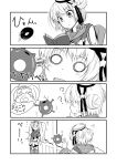  2girls collared_shirt comic commentary_request dixie_cup_hat double_bun enemy_lifebuoy_(kantai_collection) gambier_bay_(kantai_collection) greyscale hairband hat hat_ribbon ichimi kantai_collection long_sleeves military_hat monochrome multiple_girls neckerchief open_mouth ribbon sailor_collar samuel_b._roberts_(kantai_collection) school_uniform serafuku shirt short_hair shorts sleeve_cuffs thigh-highs translation_request twintails 