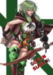  1girl arrow bangs belt black_gloves blush boots bow breasts cape elf gloves goblin_slayer! green_eyes green_hair hair_between_eyes hair_bow high_elf_archer_(goblin_slayer!) kouichi09 long_hair parted_lips pointy_ears quiver shorts sidelocks solo thigh-highs thigh_boots title twintails 