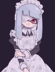  1girl apron bandage bandage_over_one_eye bangs blunt_bangs commentary_request dark_background gomi_(kaiwaresan44) grey_background halloween halloween_costume inkling long_hair looking_at_viewer maid maid_apron maid_headdress nintendo red_eyes scar silver_hair simple_background smile splatoon tentacle_hair torn_clothes 