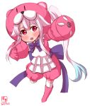  1girl :d back_bow bangs beargguy_iii_(cosplay) blush bow bowtie full_body graphite_(medium) gundam gundam_build_fighters harusame_(kantai_collection) highres kanon_(kurogane_knights) kantai_collection large_bow long_hair looking_at_viewer mixed_media open_mouth pink_footwear purple_bow purple_neckwear simple_background sketch smile solo traditional_media white_background white_legwear 