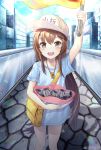  1girl :d absurdres arm_up blue_shirt brown_eyes brown_hair character_name collarbone day eyebrows_visible_through_hair floating_hair flower hair_between_eyes hat hataraku_saibou highres holding holding_flower ibning27 long_hair looking_at_viewer naked_shirt open_mouth outdoors platelet_(hataraku_saibou) shirt short_sleeves smile solo standing very_long_hair whistle whistle_around_neck white_hat 