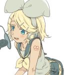  1girl aqua_eyes bangs bare_shoulders blonde_hair blush broiler commentary_request fang hair_ornament hair_ribbon hairclip headphones headset highres kagamine_rin leaning_forward microphone open_mouth ribbon sailor_collar shirt short_hair shorts simple_background sleeveless sleeveless_shirt smile solo tattoo vocaloid white_background 