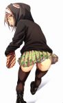  1girl brown_hair fu-ta highres hood hoodie looking_back miniskirt orange_eyes original plaid plaid_skirt skirt thigh-highs upskirt usami_taiga white_background zettai_ryouiki 