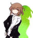  1girl agtt25333 blazer blush brown_eyes brown_hair closed_mouth collared_shirt cowboy_shot hand_on_hip highres jacket jitome kantai_collection off_shoulder shadow shirt short_hair simple_background solo wakaba_(kantai_collection) white_background white_shirt 