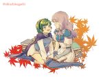  2girls armor blue_eyes blush cape dress fire_emblem fire_emblem:_rekka_no_ken fire_emblem_heroes florina gloves green_eyes green_hair hairband highres long_hair multiple_girls nino_(fire_emblem) nintendo nishimura_(nianiamu) open_mouth pegasus_knight purple_hair purple_hairband short_hair smile thigh-highs 