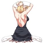  1girl arm_warmers arms_up ass backless_dress backless_outfit bare_back bare_shoulders black_dress blonde_hair blush breasts commentary_request dress from_behind full_body green_eyes half_updo looking_at_viewer looking_back medium_breasts mizuhashi_parsee ootsuki_wataru pointy_ears short_hair simple_background sitting socks solo touhou wariza white_background white_legwear 