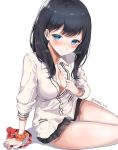  1girl bangs black_hair black_skirt blue_eyes blush bow bowtie breasts cardigan cardigan_tug cleavage closed_mouth eyebrows_visible_through_hair highres long_hair long_sleeves looking_at_viewer orange_scrunchie pleated_skirt sak_(lemondisk) school_uniform scrunchie shirt shirt_tug sidelocks simple_background sitting skirt smile solo ssss.gridman sweat takarada_rikka thighs twitter_username white_cardigan white_shirt wrist_scrunchie yokozuwari 