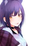  1girl :p animal_ears bangs black_choker cat_ears choker closed_mouth eyebrows_visible_through_hair from_side heart looking_at_viewer looking_to_the_side mole mole_under_eye nijisanji open_clothes purple_hair shirt shizuka_rin simple_background smile solo teti tongue tongue_out upper_body virtual_youtuber white_background white_shirt yellow_eyes 