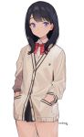  black_hair black_skirt blue_eyes bow cardigan hands_in_pockets long_hair microskirt pleated_skirt red_bow school_uniform skirt ssss.gridman sweater takarada_rikka white_cardigan white_sweater yuuhi_homare 