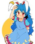  animal_ears arm_behind_back blue_dress blue_hair bunny_tail commentary_request crescent dress ear_clip frilled_dress frills hair_twirling hand_on_own_head ini_(inunabe00) looking_up open_eyes puffy_short_sleeves puffy_sleeves rabbit_ears red_eyes seiran_(touhou) short_sleeves simple_background star tagme tail touhou 