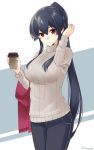  1girl black_hair breasts commentary_request cowboy_shot denim grey_sweater ichinomiya_(blantte) jeans kantai_collection large_breasts long_hair looking_at_viewer pants ponytail red_eyes red_scarf ribbed_sweater scarf scrunchie solo standing sweater tumbler two-tone_background white_background yahagi_(kantai_collection) 