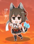  1girl :3 :d animal_ears black_footwear black_legwear black_skirt blush brown_eyes brown_hair cat_ears cat_girl cat_tail character_name chibi clouds cloudy_sky commentary_request fang full_body gurageida hair_ribbon hands_up ise_(kantai_collection) japanese_clothes kantai_collection kemonomimi_mode kimono long_sleeves looking_at_viewer multiple_tails nekomata open_mouth paw_pose pleated_skirt red_ribbon ribbon ribbon-trimmed_sleeves ribbon_trim short_kimono skirt sky smile solo standing standing_on_one_leg tail thigh-highs translated two_tails white_headband white_kimono wide_sleeves zouri 