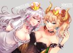  2girls armlet artist_name bare_shoulders black_dress black_nails blonde_hair blue_earrings blue_eyes bowsette bracelet breasts character_name choker cleavage collar collarbone covered_navel crown dress earrings frilled_choker frills gloves grey_background hazu_t horns jewelry large_breasts long_hair looking_at_viewer luigi&#039;s_mansion super_mario_bros. multiple_girls nail_polish new_super_mario_bros._u_deluxe nintendo open_mouth pink_earrings ponytail princess_king_boo salute sharp_teeth short_hair simple_background smile spiked_armlet spiked_bracelet spiked_collar spikes super_crown teeth tongue tongue_out violet_eyes white_choker white_dress white_gloves white_hair 