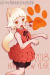  &gt;:o 2018 animal_ears bakemonogatari bangs blonde_hair blunt_bangs dress fang fooring fox_ears fox_tail happy_new_year kiss-shot_acerola-orion_heart-under-blade kizumonogatari looking_at_viewer monogatari_(series) new_year oshino_shinobu paw_background paw_pose short_hair sleeveless sleeveless_dress sound_effects string_bowtie tail twitter_username yellow_eyes 