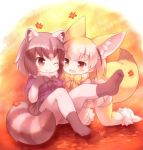  2girls animal_ear_fluff animal_ears bangs black_hair black_neckwear blonde_hair blouse blue_blouse blush bow bowtie brown_eyes common_raccoon_(kemono_friends) extra_ears eyebrows_visible_through_hair fennec_(kemono_friends) fox_ears fox_tail fur_collar kemono_friends leaf leg_up matsuu_(akiomoi) medium_hair multicolored_hair multiple_girls one_eye_closed open_mouth pink_sweater pleated_skirt raccoon_ears raccoon_tail shoes_removed sitting skirt smile sweater tail thigh-highs white_hair white_legwear white_skirt yellow_legwear yellow_neckwear zettai_ryouiki 