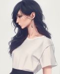  1girl black_eyes black_hair closed_mouth dress earrings highres jewelry lips long_hair looking_to_the_side miura-n315 original profile solo standing upper_body white_background 