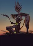  1boy 1girl bent_over blonde_hair closed_eyes couple cyborg from_side full_body genji_(overwatch) hetero highres hug hug_from_behind lotus_position mechanical_halo mechanical_wings mercy_(overwatch) neon_trim overwatch pelvic_curtain power_armor power_suit sae_(revirth) scarf short_ponytail sunset wings 