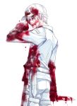  1boy blood blood_on_face bloody_clothes bloody_knife cowboy_shot from_behind hair_between_eyes hair_over_one_eye hat hataraku_saibou holding holding_knife jacket knife male_focus nagiayase pants silver_hair simple_background solo standing u-1146 uniform white_background white_blood_cell_(hataraku_saibou) white_hat white_jacket white_pants 