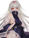  1girl azur_lane bare_shoulders blush breasts colorado_(azur_lane) covered_mouth hairband highres large_breasts long_hair red_eyes shirako_sei sideboob upper_body white_hair 