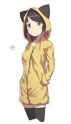  1girl 2018 absurdres bangs black_hair black_legwear character_request cloba collarbone cropped_legs dress eyebrows_visible_through_hair hands_in_pockets highres hood hooded_sweater looking_at_viewer red_eyes shiny shiny_hair signature simple_background solo sweater sweater_dress swept_bangs thigh-highs tiger_hood white_background yellow_sweater zettai_ryouiki zipper 