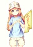  1girl absurdres apple_ringo blonde_hair blue_shirt blush brown_eyes character_name collarbone cowboy_shot eyebrows_visible_through_hair flag floating_hair grey_hat hair_between_eyes hataraku_saibou highres holding holding_flag long_hair platelet_(hataraku_saibou) shirt short_shorts short_sleeves shorts simple_background solo standing very_long_hair white_background white_shorts 