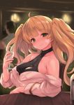  1boy 1girl bandaid bandaid_on_face bangs bare_shoulders blonde_hair blurry blurry_background blush breasts chair closed_mouth commentary_request cup drinking_glass eyebrows_visible_through_hair glass_bottle granblue_fantasy green_eyes highres indoors jewelry kztk large_breasts lips long_hair monica_weisswind ring shiny shiny_hair sitting table twintails 