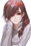  1girl artist_name brown_hair chin_rest earrings hair_over_one_eye highres jewelry long_hair looking_at_viewer luen_kulo original red_eyes signature simple_background smile solo sweater turtleneck turtleneck_sweater upper_body white_background 