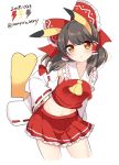  1girl animal_ears bangs black_hair bow brown_eyes cosplay creatures_(company) detached_sleeves eyebrows_visible_through_hair frilled_bow frilled_skirt frills front_ponytail game_freak gen_1_pokemon hair_bow hair_over_shoulder hakurei_reimu hand_on_hip highres japanese_clothes looking_at_viewer miko nintendo nontraditional_miko open_mouth ougi_hina pikachu pikachu_(cosplay) pleated_skirt pokemon red_bow red_shirt red_skirt ribbon-trimmed_sleeves ribbon_trim shirt skirt sleeveless sleeveless_shirt solo tagme tail touhou tube twitter_username wide_sleeves yellow_neckwear 