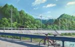  artist_name bicycle blue_sky bus_stop bush clouds commentary day forest ground_vehicle jing_(jiunn1985matw) mountain nature no_humans original outdoors power_lines railing river road road_sign scenery shadow sign signature sky stairs tree water 