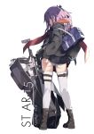  1girl adjusting_clothes adjusting_panties ar-15 ass assault_rifle bag blue_eyes boots character_name coat from_behind full_body girls_frontline gun half_updo highres holster long_hair ningen_(ningen96) panties parted_lips pink_hair pleated_skirt profile red_scarf rifle scarf school_bag shoulder_bag sidelocks simple_background skirt skirt_lift solo st_ar-15_(girls_frontline) standing thigh-highs thigh_holster underwear weapon white_background white_legwear white_panties 