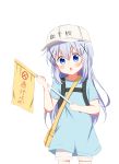  1girl blue_eyes blue_shirt blush cosplay cowboy_shot deyui eyebrows_visible_through_hair gochuumon_wa_usagi_desu_ka? hair_between_eyes hair_ornament hat hataraku_saibou highres holding kafuu_chino long_hair looking_at_viewer platelet_(hataraku_saibou) platelet_(hataraku_saibou)_(cosplay) shiny shiny_hair shirt short_shorts short_sleeves shorts silver_hair simple_background solo standing very_long_hair white_background white_hat white_shorts x_hair_ornament 