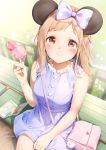  1girl animal_ears bag bare_arms bare_shoulders blush bow breasts brown_eyes closed_mouth commentary_request dress food from_above hair_bow hand_on_lap highres holding holding_food idolmaster idolmaster_shiny_colors light_brown_hair long_hair looking_at_viewer looking_up medium_breasts mickey_mouse_ears mouse_ears on_bench polka_dot polka_dot_bow popsicle purple_bow purple_dress sakuragi_mano shiratama_akane shoulder_bag signature sitting sleeveless sleeveless_dress smile solo twitter_username 