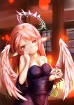  1girl alcohol angel_wings bare_shoulders breasts cleavage closed_mouth cross cup dress drinking_glass feathered_wings gradient_hair halo highres jewelry jibril_(no_game_no_life) long_hair low_wings magic_circle medium_breasts multicolored multicolored_hair necklace no_game_no_life pink_hair smile solo symbol-shaped_pupils tattoo tawawa_(kakeibo7ykwety) very_long_hair white_wings wing_ears wings yellow_eyes 