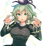  :o artist_name breasts dated dress electricity frilled_sleeves frills green_dress green_eyes green_hair hands_up hat long_sleeves looking_at_viewer open_mouth puffy_sleeves short_hair soga_no_tojiko tate_eboshi tori_(10ri) white_background 