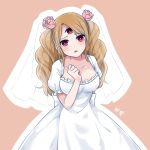  1girl :o bangs blush breasts bridal_veil brown_hair charlotte_pudding cleavage collarbone commentary_request dress drill_hair hei_sheng_yeyan long_hair looking_at_viewer medium_breasts one_piece red_eyes solo swept_bangs third_eye veil wedding_dress white_dress 