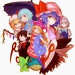  6+girls ;d ahoge american_flag_dress american_flag_legwear black_hair blonde_hair blue_capelet blue_dress blue_eyes blue_hair blue_legwear bow bowtie braid capelet clownpiece commentary_request cookie_(touhou) crying crying_with_eyes_open crystal dress fang flandre_scarlet forked_tongue frilled_shirt_collar frills full_body green_bow green_neckwear green_ribbon grey_background grin hair_between_eyes hair_bow hand_up hat hat_ribbon heterochromia holding holding_torch houjuu_nue hug izayoi_sakuya jester_cap leaf leg_up looking_at_another looking_at_viewer maid maid_headdress mob_cap multiple_girls neck_ruff no_shoes one_eye_closed open_mouth orange_outline outline pantyhose pink_eyes pink_hat polka_dot_hat puffy_short_sleeves puffy_sleeves purple_hat purple_umbrella red_bow red_dress red_eyes red_legwear red_neckwear red_ribbon red_wings remilia_scarlet ribbon shirt short_dress short_sleeves siblings silver_hair simple_background sisters smile snake solidstatesurvivor star star_print striped striped_dress striped_legwear tatara_kogasa tears tongue tongue_out torch touhou twin_braids v wavy_mouth white_dress white_hat white_legwear white_shirt wings 
