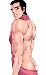  1boy abe_takakazu arms_at_sides ass back backless_outfit bare_shoulders black_hair kuso_miso_technique looking_at_viewer male_focus meme_attire muscle parted_lips pink_sweater ribbed_sweater solo standing sweater virgin_killer_sweater yuubi 
