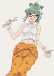  1girl alternate_costume bare_shoulders bespectacled bow collarbone dirty_clothes glasses gloves green_eyes green_hair hair_bow highres holding_wrench jumpsuit kantai_collection looking_at_viewer midriff navel open_mouth ponytail same_no_fukahire simple_background solo tank_top white_gloves wrench yuubari_(kantai_collection) 