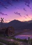  artist_name building clouds commentary_request dated farm gradient_sky grass highres jing_(jiunn1985matw) light mountain no_humans original outdoors path plant rice_paddy road scenery signature sky star_(sky) starry_sky twilight water water_wheel windmill 
