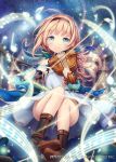  1girl akkijin blonde_hair blue_eyes blue_ribbon boots bow_(instrument) dress instrument looking_at_viewer music musical_note night night_sky official_art outdoors playing_instrument ribbon shinkai_no_valkyrie sky smile solo star star_(sky) starry_sky violin white_dress 