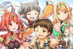  1boy 3girls animal_ears armor bangs black_hair blonde_hair blunt_bangs blush bodysuit breasts brown_hair cat_ears cleavage_cutout closed_eyes fingerless_gloves gloves headpiece large_breasts long_hair mizuki_riko mythra_(xenoblade) nintendo niyah pyra_(xenoblade) red_eyes redhead rex_(xenoblade_2) ribbon rikori_x short_hair silver_hair simple_background smile swept_bangs tiara xenoblade_(series) xenoblade_2 yellow_bodysuit yellow_eyes 