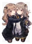  2girls armband black_jacket bow brown_eyes brown_hair fingerless_gloves girls_frontline gloves hair_bow hair_ornament hairclip heart highres hood hood_down hooded_jacket hug ikeuchi_tanuma jacket multiple_girls open_clothes open_jacket pleated_skirt scar scar_across_eye shirt side_ponytail skirt tongue tongue_out twintails ump45_(girls_frontline) ump9_(girls_frontline) untucked_shirt v 