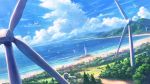  animal beach bird blue_sky building clouds cloudy_sky commentary_request day flock forest horizon island lighthouse mountain nature no_humans ocean official_art original outdoors road scenery seagull shiki_makoto shore sky town tree water wind_turbine windmill 