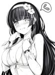  1girl 3: bare_shoulders bikini blush breasts bridal_gauntlets cleavage closed_eyes closed_mouth commentary_request embarrassed flower front-tie_bikini front-tie_top frown girls_frontline greyscale hair_flower hair_ornament hairband large_breasts long_hair monochrome mutsuba_fumi qbz-95_(girls_frontline) simple_background solo spoken_sweatdrop straight_hair sweat sweatdrop swimsuit upper_body white_background 