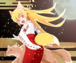  animal_ear_fluff animal_ears bakemonogatari blonde_hair detached_sleeves fang fooring fox fox_ears fox_tail from_behind hair_between_eyes hakama japanese_clothes long_hair looking_at_viewer looking_back miko monogatari_(series) moon oshino_shinobu red_hakama ribbon_trim tail twitter_username yellow_eyes 